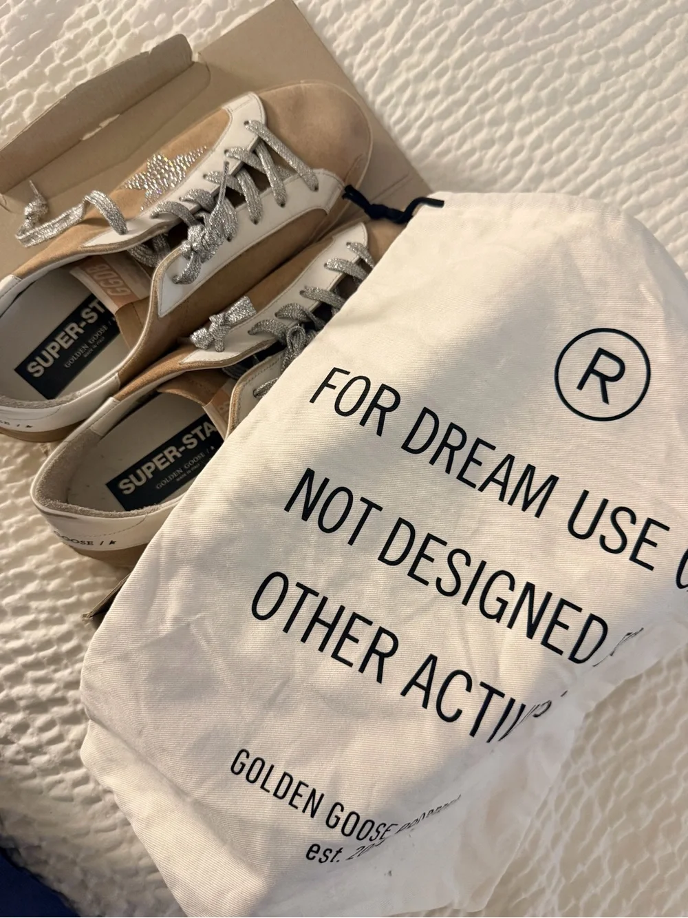 Golden Goose Beige Suede Sneakers with White Panels & Silver Laces